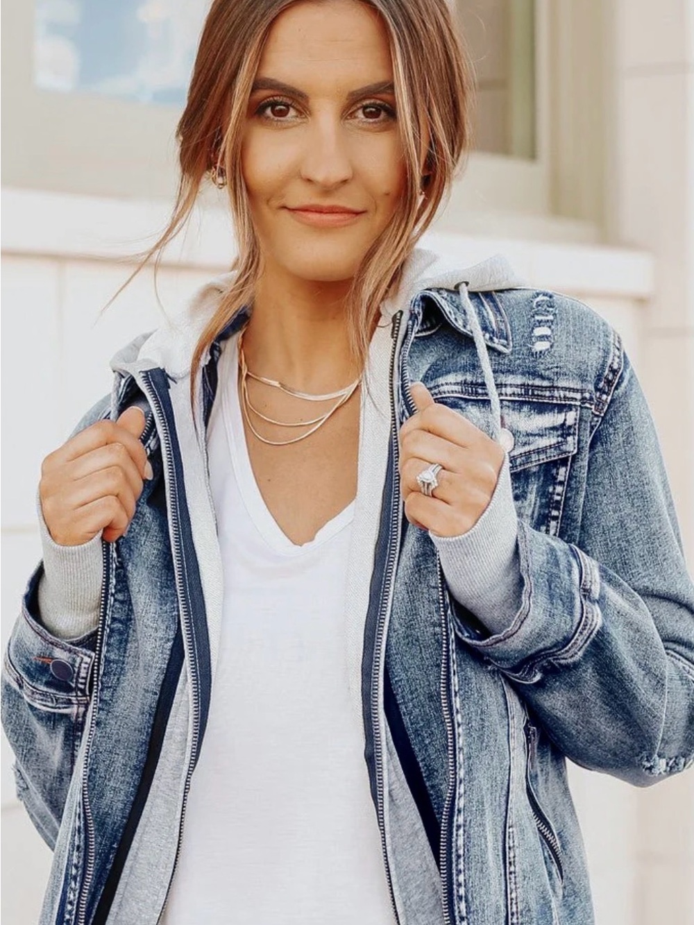 Denim Jacket With Hoodie: Medium Wash